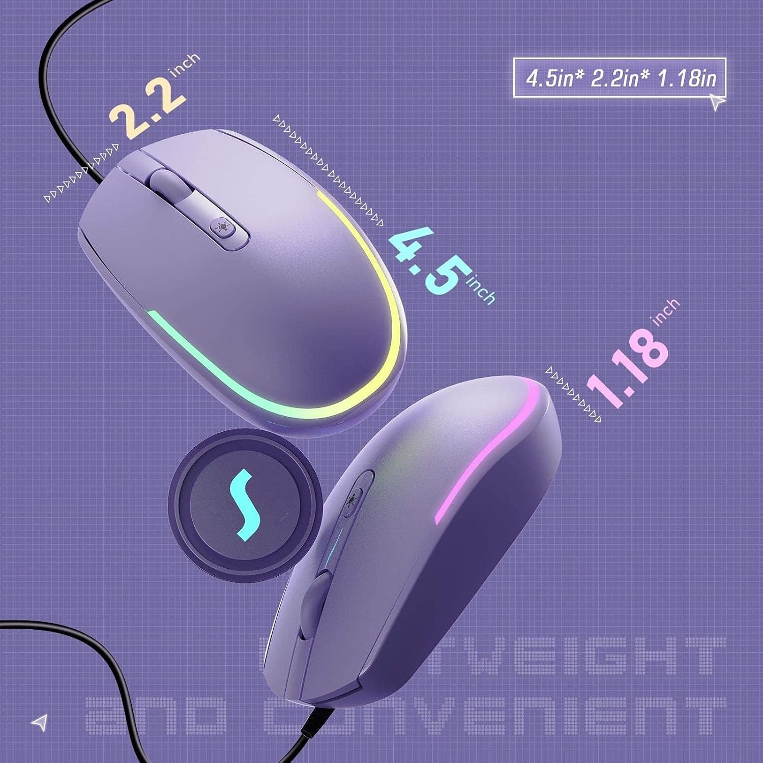 Wired Mouse - USB Computer Mice Wired with RGB Backlit Optical LED Mouse with Attached USB Cord for Laptops Notebooks Chromebook - Purple